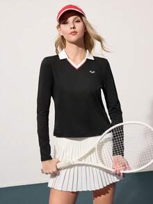 Gameset SHEIN Sport 休闲百搭撞色图案 V 领瑜伽运动 Polo 衫 - 彩色 - 查看 4