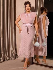 Cravure Șal din dantelă, fără mâneci, cu decolteu rotund și fundă, pentru femei, mărime plus, potrivit pentru petreceri pline de farmec, rochie maxi elegantă pentru banchete de toamnă/iarnă