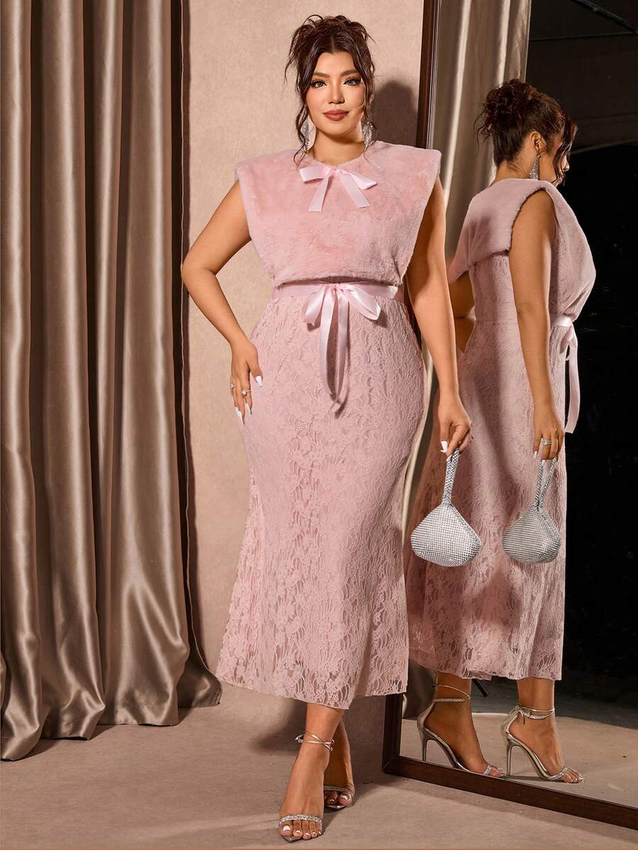 Cravure Șal din dantelă, fără mâneci, cu decolteu rotund și fundă, pentru femei, mărime plus, potrivit pentru petreceri pline de farmec, rochie maxi elegantă pentru banchete de toamnă/iarnă