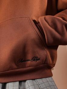 SUMWON Oversized Cropped Pullover Hoodie With Embroidered Logo Detail And Centre Pocket For Casual Streetwear Plain - Rust Brown - View 5