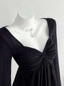 Elamini Women's Textured Jacquard Casual Versatile New Twist Knot Fitted V-Neck Long Sleeve T-Shirt, Autumn/Winter - Black - View 6