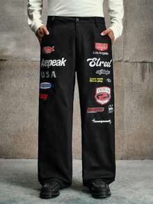 AXEPEAK Men's Casual Printed Pocket Loose Pants - Black - View 1