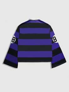 ROMWE MEN Men's Printed Preppy Long Sleeve Striped Polo Collar T-Shirt, Casual College Style Top - Purple - View 3