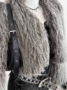 SHEIN PETITE 粉色鸵鸟仿皮草大衣 - 灰色 - 查看 5