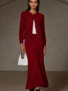 GENKIRA 2pcs Diamond Studded Crew Neck Sweater & Solid Color Mini Skirt Set - Red - View 2