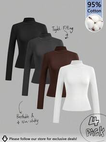 Tseoso 4pcs/Set Women's Casual Minimalist Slim Fit Turtleneck T-Shirt, Autumn/Winter, Versatile For Daily Wear, 95% Cotton - Multicolor - View 1