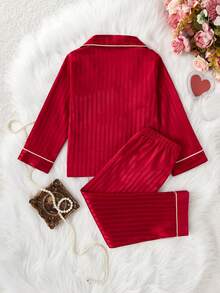 2 件套女童条纹爱心刺绣长袖上衣和裤子休闲舒适睡衣套装 - 紅色 - 查看 2
