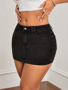 Jeanoix 女式休闲水洗牛仔铅笔裙，带口袋 - 黑色 - 查看 4