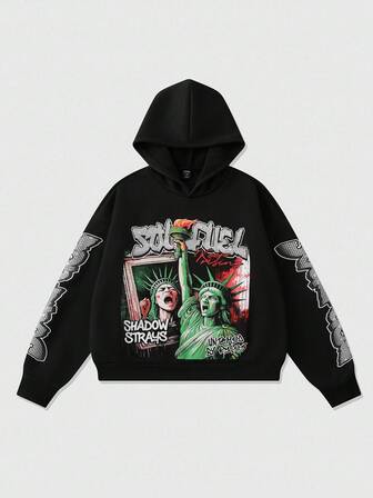 Street Life Sudadera con capucha de corte holgado con estampado gráfico para hombre, estilo callejero retro