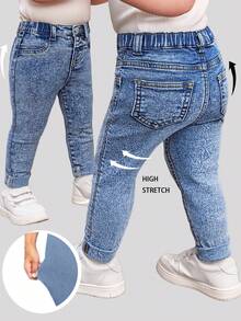SHEIN Baby Girl Cute Blue Denim Thermal Lined Elastic Skinny Pants,Fall,Winter, Casual And Fashionable Vacation,Halloween Denim Jeans, Christmas, Baby Elastic And Comfortable Denim Jeans - Medium Wash - View 1