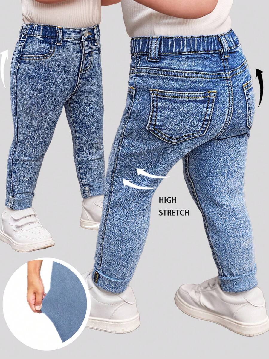 SHEIN Baby Girl Cute Blue Denim Thermal Lined Elastic Skinny Pants,Fall,Winter, Casual And Fashionable Vacation,Halloween Denim Jeans, Christmas, Baby Elastic And Comfortable Denim Jeans - Medium Wash - View 1