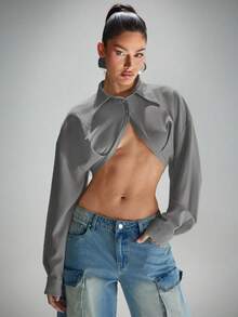 Denimoi Camisa abotonada con cuello corto y súper recortada - Gris Claro - Ver 5