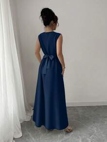 Rafferiza 女士优雅两件套：缎带装饰蝙蝠袖前开衫和无袖连衣裙 - 藏蓝色 - 查看 3