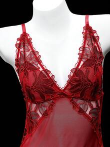 2pcs Vintage Elegant 3D Embroidered Sheer Sexy Lingerie Dress And G-String Set, Christmas - Burgundy - View 4