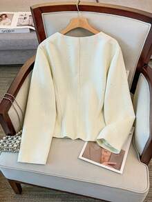 GlowEve CURVE Plus Size Elegant Solid Color Floral Embroidered Round Neck Loose Fit Button-Up Long Sleeve Jacket, Autumn/Winter - Apricot - View 2
