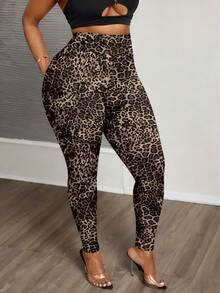 Slaydiva 大码女式休闲豹纹全宽图案紧身裤，适合春秋季节、街头风格、Y2K - 彩色 - 查看 4