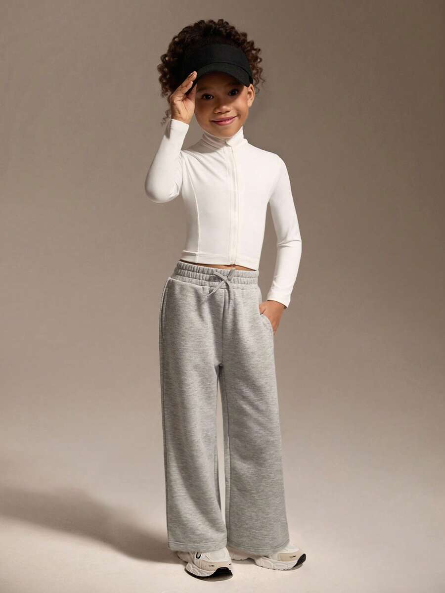 SHEIN 2 件套女童运动服套装，长袖开衫和裤子，舒适弹力面料，四季皆宜