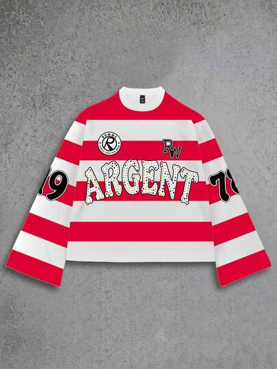 Street Life Men's Casual Colorblock Striped Letter Print T-Shirt, Autumn