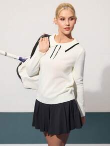CourtClass Regular Fit Contrast Trim Sporty Long Sleeve Polo Sweater For Women Tennis Top - White - View 6