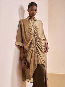 Zivah 2025 年秋季新款音乐节、复活节、圣帕特里克节、西部风、游牧风、生日派对、毕业季、学院风、学生装、日常休闲、百搭百搭、休闲、度假、邮轮旅行、海滩、日光浴、网络红人、街头潮流、婚礼宾客波西米亚风、通勤、早午餐、机场、派对和节日服装、棕色长款褶皱宽松长袖连衣裙，采用透明纹理面料 - 棕色 - 查看 7