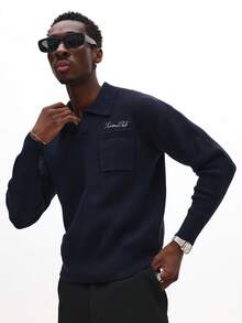 Áo polo dài tay dáng rộng SUMWON dệt kim, cổ bẻ, với logo tối giản, màu xanh navy, chất liệu gân nổi. - Màu xanh lam - Xem 5