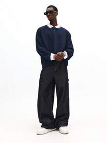 SUMWON Men's Long Sleeve Textured Boxy Fit Polo With Contrast Collar And Cuff Details - Navy Blue - View 3