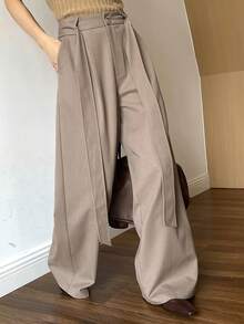 DAZY Quần ống rộng trơn màu rộng rãi có thắt lưng cho nữ, thường ngày mùa thu/đông - Màu Khaki - Xem 1