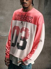 AXEPEAK Letter Print Color Block Rhinestone Decor Round Neck Long Sleeve T-Shirt - Pink - View 4