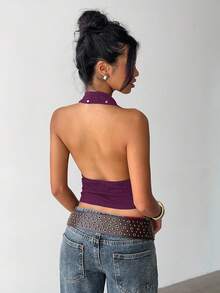 Aloruh Purple Backless Halter Neck Knit Top, Reversible - Purple - View 2