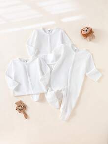 Newborn Simple Solid Color Long Sleeve Long Footie 3pcs Set Romper Home Outfit - White - View 6