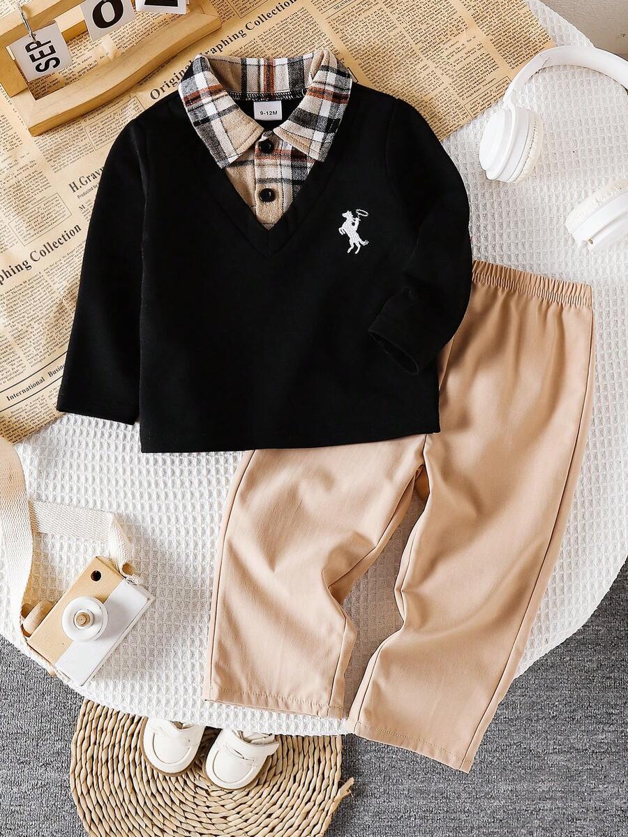 SHEIN 2-częściowy zestaw casualowy dla chłopców, dzianinowa, wygodna bluza polo w kratę, z długim rękawem i haftem, w komplecie z beżowymi spodniami z elastyczną talią i luźnym krojem, odpowiedni na święta i nieformalne wyjścia - Wielokolorowe - Zobacz 1