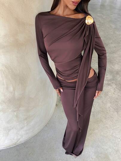 Aloruh 女式纯色金属装饰褶皱长袖上衣和加长美人鱼裙时尚修身两件套