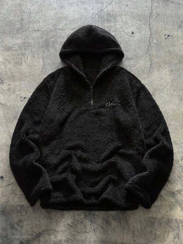 SWAVVY Sudadera con cremallera de cuarto y letra bordada para hombres, sudadera tipo sherpa gruesa de manga larga con letra negra esponjosa, para regalos de amigos, esposo o novio