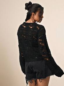 SHEIN VCAY 大码纯色简约日常系带长袖开衫女士秋冬装 - 黑色 - 查看 5