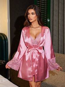 SilkySpell 性感网纱蕾丝拼接睡裙及系带睡袍套装，迷人睡衣，冬季服装 - 粉色 - 查看 7
