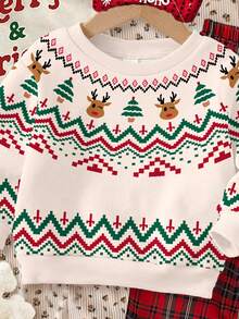 SHEIN Happikins 复古圣诞系列，奶油色和薄荷绿费尔岛雪花、圣诞树、驯鹿印花，女婴休闲简约舒适加厚柔软圆领套头衫，适合秋冬季日常穿着、新年、街头风、假日穿着 - 彩色 - 查看 4