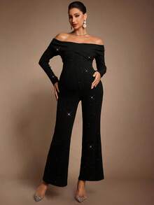 MaterniChic Pregnant Women's Elegant Black Glitter Off Shoulder Long Sleeve Jumpsuit For Autumn,Formal Evening Party & Baby Shower Maternity Jumpsuits - Black - View 5