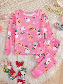 Girls Gingerbread Man & Snowman Cartoon Print Long Sleeve Snug Fit Pajama Set