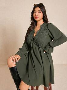Elaquor Plus Size Casual Solid Color Lace Patchwork Dress, Autumn - Dark Green - View 2