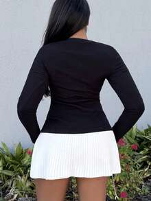 Alexandranx 罗纹纽扣长袖圆领上衣休闲度假机场假日秋季返校秋季冬季圣诞节 - 黑色 - 查看 2