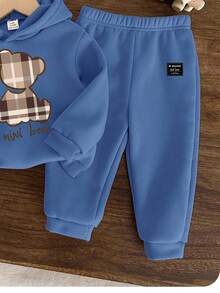 SHEIN Baby Boy Casual Minimalist Cartoon Bear Pattern Knitted Soft Loose Hoodie Sweatshirt And Pants Set, Suitable For Autumn/Winter - Blue - View 8