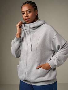 SHEIN Tall CURVE Sudadera con capucha de manga larga con cremallera frontal y bolsillo para mujer de talla grande, atuendos minimalistas y casuales para graduación, regreso a la escuela, atuendos de maestros para mujeres, ropa de otoño e invierno para el regreso a la escuela