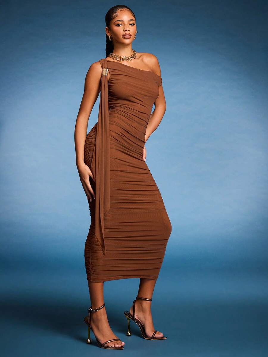 Normani Mittellanges Damen Einfarbiges Kleid mit asymmetrischem Ausschnitt und Raffung, Westliche Damenoutfits, Strandkleid, Rave-Outfits, Pastellkleid, Lässiges Sommerkleid, Abschlussballkleid - Braun - Übersicht 1