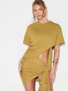 KIZN Mustard Cut-Out Mini Dress With Twisted Drape Detail And Short Sleeves - Army Green - View 1