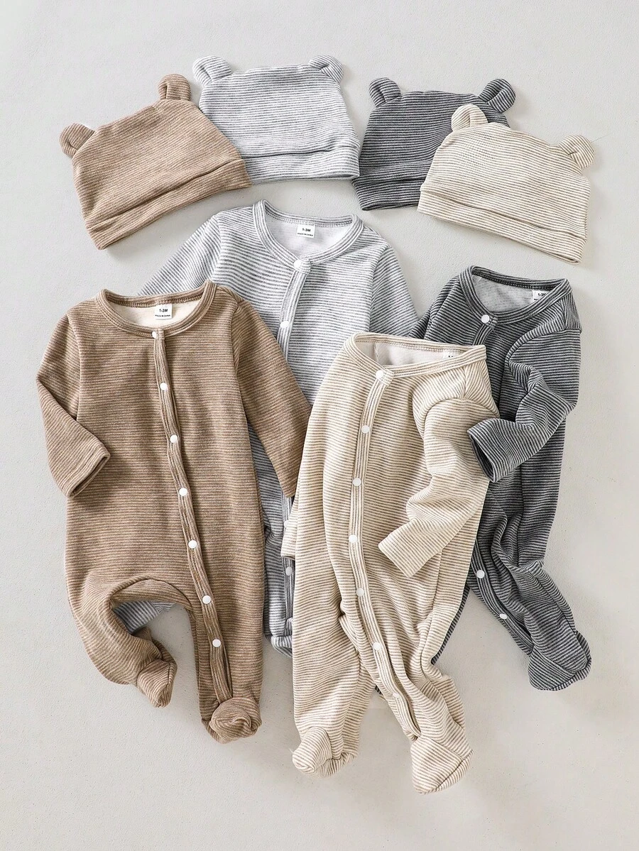 SHEIN 4PCS Set Newborn Baby Knitted Crew Neck Soft Ribbed Long Sleeve Rompers With Pants And Hat, Autumn/Winter Jumpsuit Outfits - Multicolor - View 1