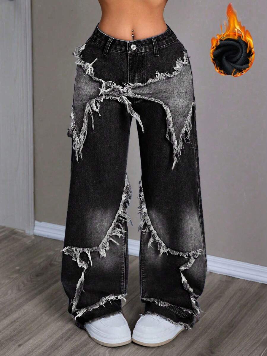 SHEIN EZwear 时尚水洗磨边星星阔腿牛仔裤 - 黑色 - 查看 1