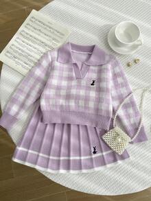 Souflis Souflis Young Girl Casual Plaid Knit Sweater And Skirt Set, Autumn/Winter