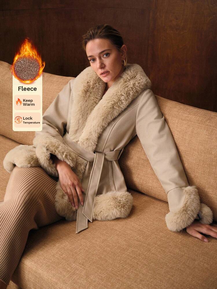 PU LEATHER CONTRAST FAUX FUR TRIM BELTED COAT