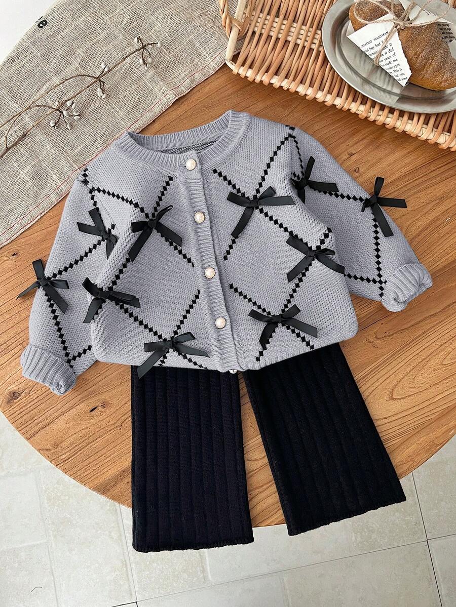 SHEIN LMoss Kids LMoss Baby Girl Baby Girl Cute Pink Bowknot Knitted Cardigan With Elastic Waist Black Pants Sweater Set, Autumn/Winter - Light Grey - View 1