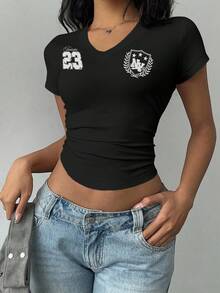 SHEIN EZwear Women's Casual V-Neck Ruched T-Shirt, Suitable For Summer,Graphic Tees Spring - Black - View 6
